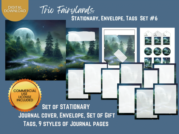 COMMERCIAL Use Printable Journal Cover, Tags, 9 Styles of Journal Pages - Trio Fairyland - Landscape - US Letter - Digital Download for PLR - Set #006