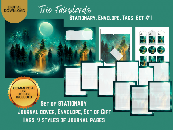 Trio Fairylands Stationary, Journal Cover, Envelope, Tags Set #1 Set of STATIONARY: Journal Cover, Envelope, Set of Gift Tags, 9 styles of Journal pages This beautiful fairyland landscape in dark greens with a huge moon was inspired by AI. The generated image was refreshed and then put into a journal cover, envelope cover, a set of gift tags, and nine different journal pages. The file is a PDF download file. It takes you to google drive to download the files. The colors are all vivid and this image is lovely for those that like fantasy art.