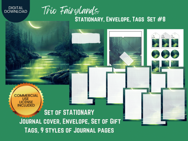 Trio Fairylands Stationary, Journal Cover, Envelope, Tags Set #8