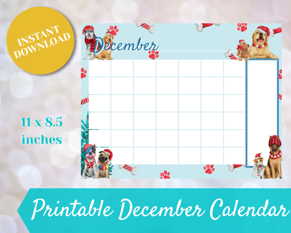 BLANK December Calendar - Single Page Printable Monthly Calendar, Christmas Dog Themed Winter Calendar, Winter Planner, Digital Download,