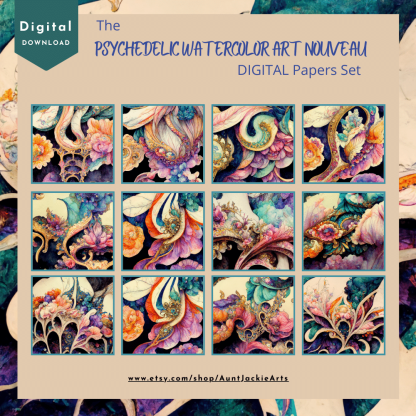 DIGITAL PAPER Bundle - Psychedelic Watercolor Art Nouveau Digital Papers 12 - Papers Pack 12 - 12x12 - jpg png - 6000px - Set 1 of 7 - Image 2