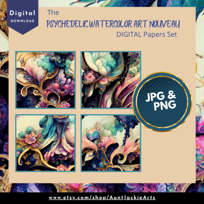 DIGITAL PAPER Bundle - Psychedelic Watercolor Art Nouveau Digital Papers 12 - Papers Pack 12 - 12x12 - jpg png - 6000px - Set 4 of 7 - Image 3