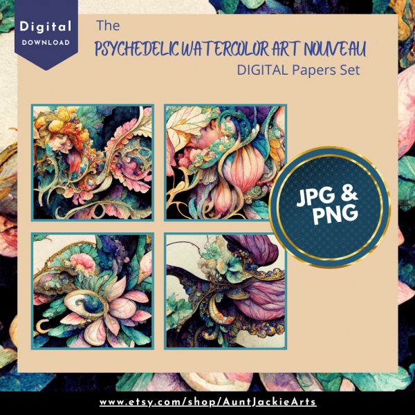 DIGITAL PAPER Bundle - Psychedelic Watercolor Art Nouveau Digital Papers 12 - Papers Pack 12 - 12x12 - jpg png - 6000px - Set 5 of 7 - Image 3