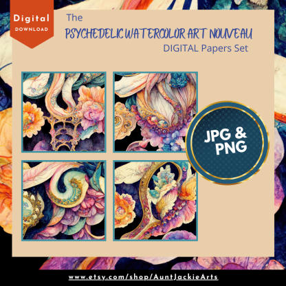 DIGITAL PAPER Bundle - Psychedelic Watercolor Art Nouveau Digital Papers 12 - Papers Pack 12 - 12x12 - jpg png - 6000px - Set 1 of 7 - Image 3