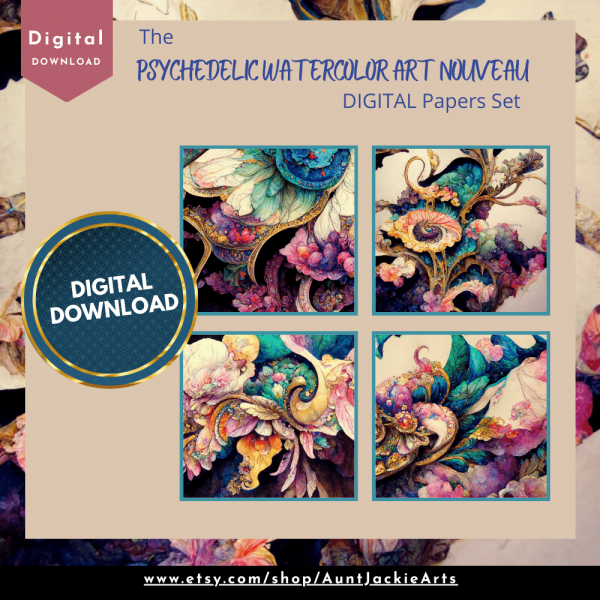DIGITAL PAPER Bundle - Psychedelic Watercolor Art Nouveau Digital Papers 12 - Papers Pack 12 - 12x12 - jpg png - 6000px - Set 3 of 7 - Image 4