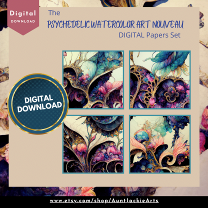 DIGITAL PAPER Bundle - Psychedelic Watercolor Art Nouveau Digital Papers 12 - Papers Pack 12 - 12x12 - jpg png - 6000px - Set 4 of 7 - Image 4