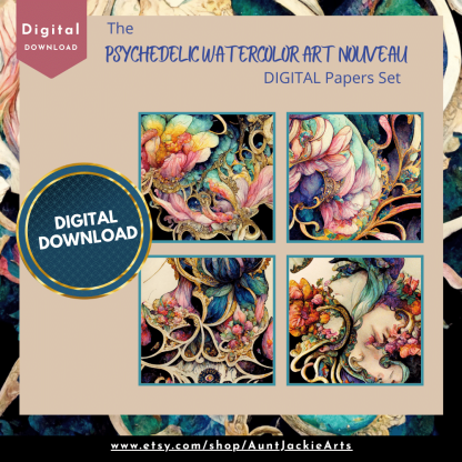 DIGITAL PAPER Bundle - Psychedelic Watercolor Art Nouveau Digital Papers 12 - Papers Pack 12 - 12x12 - jpg png - 6000px - Set 6 of 7 - Image 4