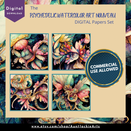 DIGITAL PAPER Bundle - Psychedelic Watercolor Art Nouveau Digital Papers 12 - Papers Pack 12 - 12x12 - jpg png - 6000px - Set 6 of 7 - Image 5