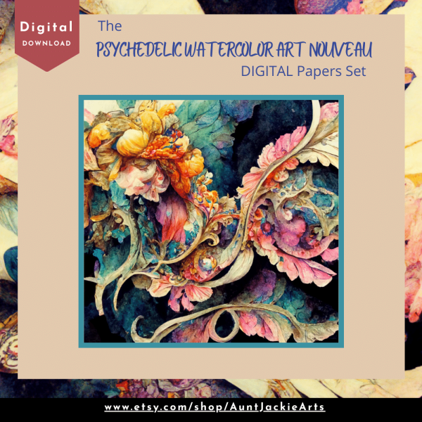 DIGITAL PAPER Bundle - Psychedelic Watercolor Art Nouveau Digital Papers 12 - Papers Pack 12 - 12x12 - jpg png - 6000px - Set 5 of 7 - Image 6