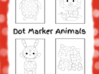 This image shows the cover of the downloadable printable pdf of the children's activity pages titled "Dot Marker Animals: For kids 3-6." It shows four of the pages included in this 20-page set: a penguin, a lion, a rabbit, and a mother cat and her kitten. Circles are strategically placed on each animal so that your little ones can practice their hand-eye coordination while having fun adding color to the image.