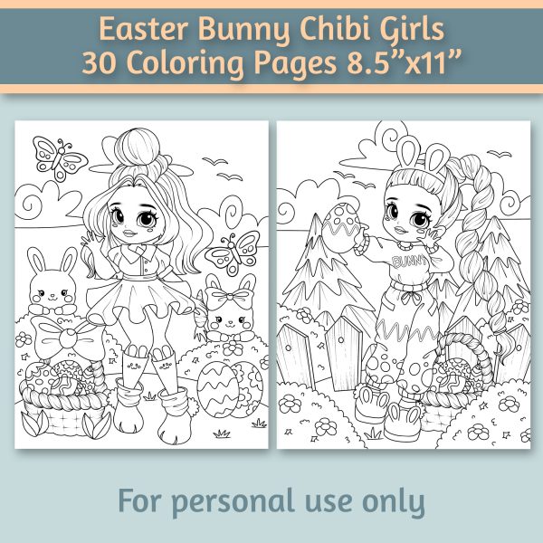 Easter Bunny Chibi Girls 30 Coloring Pages 8.5”x11” - Image 4