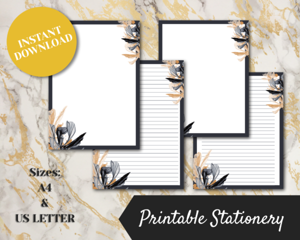 black and gold smoky flowers printable stationery