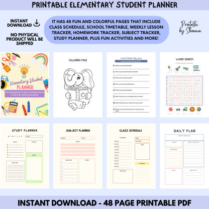 Elementary Student Planner, Homeschool, Public, Private, Remote Learning, PRINTABLE, Activities