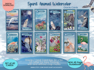 PRINTABLE CARD Deck - Spirit Animal Watercolor - Oracle Card Deck - Tarot Sized Cards 3 x 5 - US Letter - Digital Download - 40 Cards +46 Page Guidebook