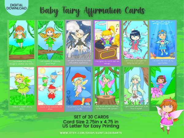 PRINTABLE CARD Deck - Downloadable | Baby Fairy Affirmation Cards - Tarot Sized Cards 2.75 x 4.75 - US Letter Digital Download - 30 Cards
