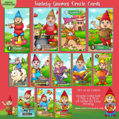Fantasy Gnomes, PRINTABLE CARD Deck, Fantasy Gnomes. Oracle Cards, Tarot Sized Cards, 2.75 x 4.75, US Letter, Digital Download, 30 Cards, Gnome Oracle Cards