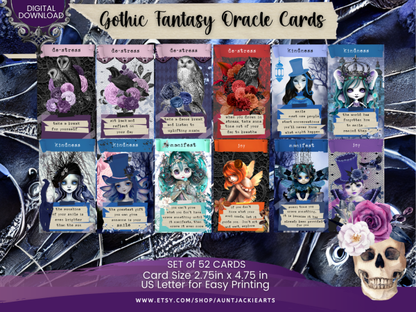 PRINTABLE CARD Deck - Gothic Fantasy Fairy - Oracle Cards | Tarot Sized 2.75 x 4.75 US Letter - Digital Download - 52 Cards - Kawaii - Chibi