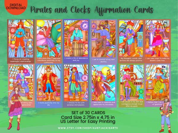 PRINTABLE CARD Deck - Downloads | Pirates & Clocks Affirmation Cards - Tarot Sized Cards 2.75 x 4.75 - US Letter Digital Download - 30 Cards - Image 2