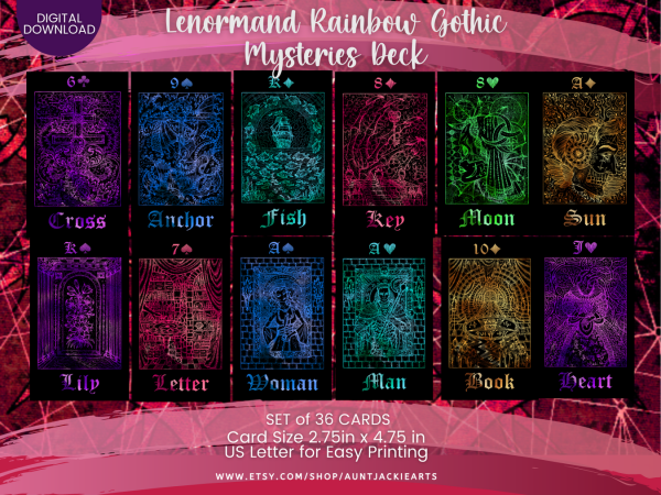 PRINTABLE CARD Deck - Lenormand Rainbow Gothic Mysteries Deck | Tarot Sized 2.75 x 4.75 - US Letter - Digital Download - 36 Cards - Vivid