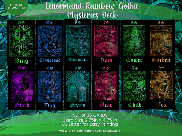 PRINTABLE CARD Deck - Lenormand Rainbow Gothic Mysteries Deck | Tarot Sized 2.75 x 4.75 - US Letter - Digital Download - 36 Cards - Vivid - Image 2