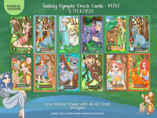 DIGITAL STICKERS Fantasy Nymphs and Spirit Animals Oracle Cards - Mini Digital Stickers - 40 Stickers - 1 Sheet - PDF - PNG - Oracle Card, Tarot Card, Fantasy Fairy Elf