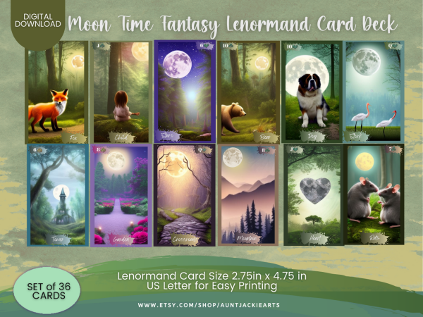 PRINTABLE CARD Deck - Moon Time Fantasy Lenormand Card Deck | Tarot Sized 2.75 x 4.75 - US Letter - Digital Download - 36 Cards - Vivid - Image 2