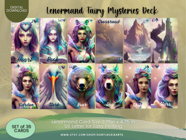 PRINTABLE CARD Deck - Lenormand Fairy Mysteries Deck Card | Tarot Sized 2.75 x 4.75 - US Letter - Digital Download - 36 Cards - Vivid - Image 2