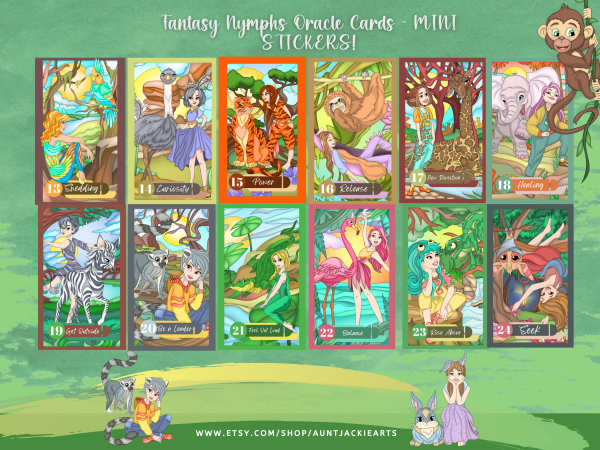DIGITAL STICKERS Fantasy Nymphs and Spirit Animals Oracle Cards - Mini Digital Stickers - 40 Stickers - 1 Sheet - PDF - PNG - Oracle Card, Tarot Card, Fantasy Fairy Elf - Image 3