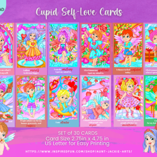 Displays a set of 12 cards on the screen with self-love affirmations and cupid in them.