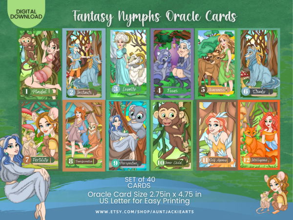 PRINTABLE CARD Deck - Fantasy Nymphs and Spirit Animals Oracle Cards - Tarot Sized Cards 2.75 x 4.75 - US Letter Digital Download - 40 Cards