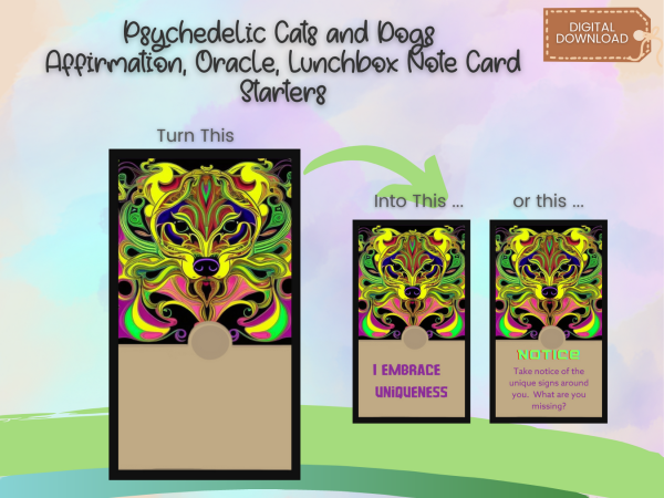 Psychedelic Cat and Dog Affirmation, Oracle, Lunchbox Notes Card Template, 12 Cards, PDF, PNG - Image 4