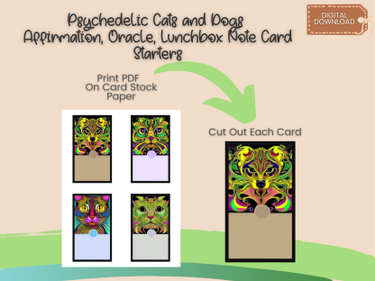 Psychedelic Cat and Dog Affirmation, Oracle, Lunchbox Notes Card Template, 12 Cards, PDF, PNG - Image 3