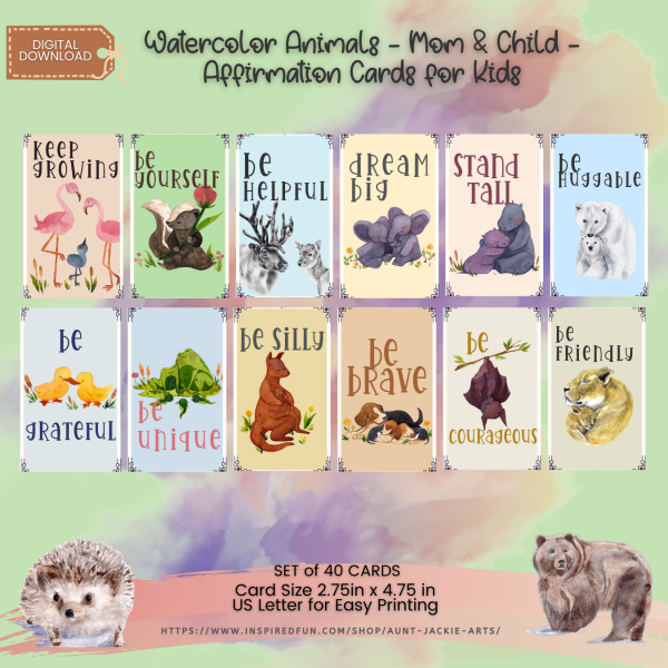 Watercolor Animals - Mom and Child - Affirmation Cards Page 1