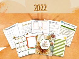 Large orange flower in background of title Fall Garden Planner 2022 underneath there are visual representation of pages in the planner, journal pages, plant card page, garden planning pages for fall and idea pages for spring gardening