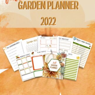 Large orange flower in background of title Fall Garden Planner 2022 underneath there are visual representation of pages in the planner, journal pages, plant card page, garden planning pages for fall and idea pages for spring gardening