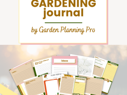 picture of sunset over a garden with title -Fall Garden Journal garden planning pro with example pages of layouts for garden journal pages and prompts