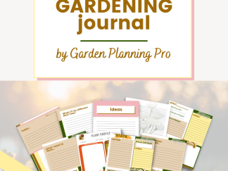 picture of sunset over a garden with title -Fall Garden Journal garden planning pro with example pages of layouts for garden journal pages and prompts