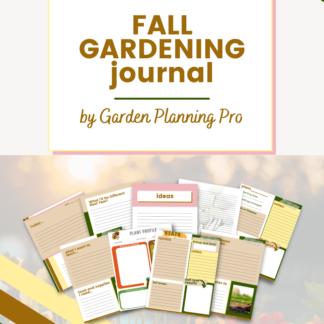 picture of sunset over a garden with title -Fall Garden Journal garden planning pro with example pages of layouts for garden journal pages and prompts