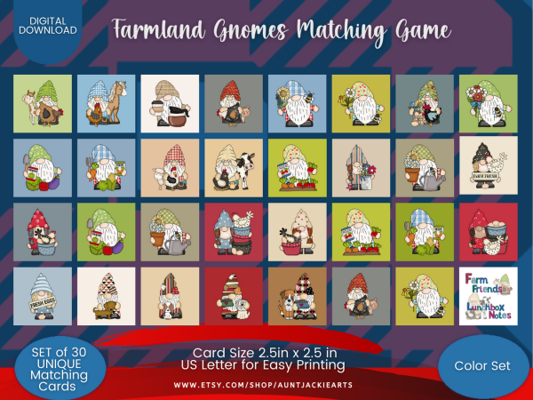 PRINTABLE MATCHING Memory Card Game | Card Game | Memory Game for Kids| Bonus Lunchbox Cards| Pre-K Cards | PDF Color B&W | Gnomes | Farm