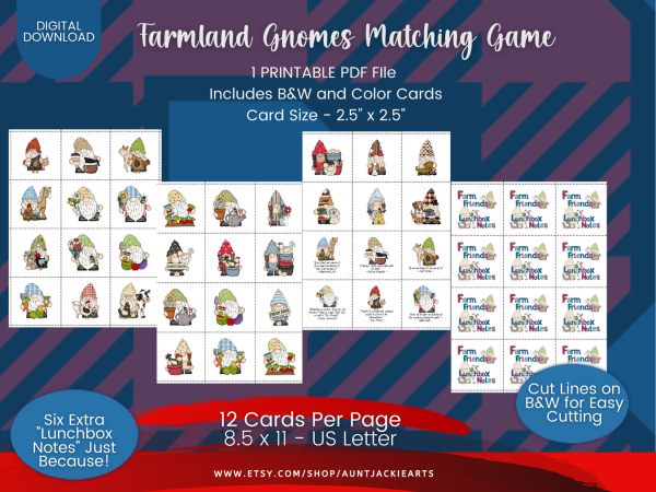 PRINTABLE MATCHING Memory Card Game | Card Game | Memory Game for Kids| Bonus Lunchbox Cards| Pre-K Cards | PDF Color B&W | Gnomes | Farm - Image 4