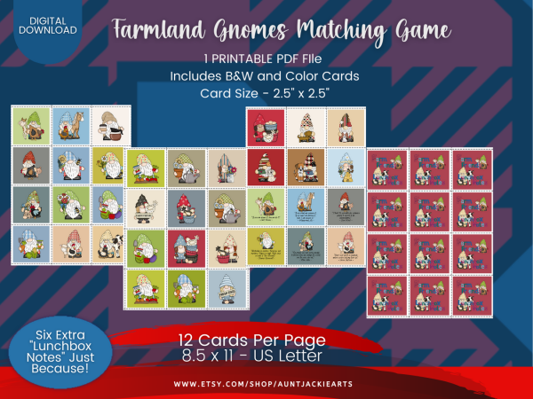 PRINTABLE MATCHING Memory Card Game | Card Game | Memory Game for Kids| Bonus Lunchbox Cards| Pre-K Cards | PDF Color B&W | Gnomes | Farm - Image 5