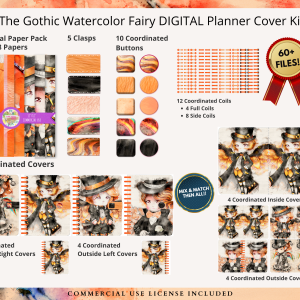 Gothic Fairy Watercolor Orange Cover Kit image. Shows the digital papers, the clasps, the buttons, the coils, and the covers that are included in the cover kit.