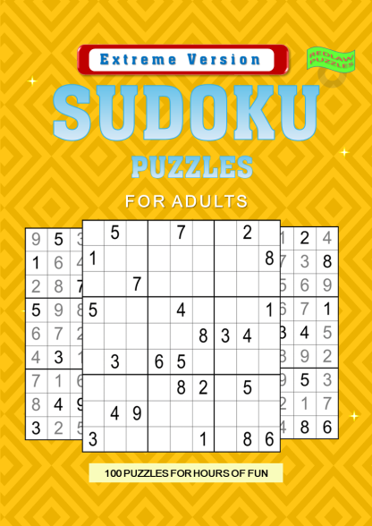 Instant Downloadable Extreme Sudoku Puzzles Book for Adults. Contains 100 'Extreme' Puzzles with Answers