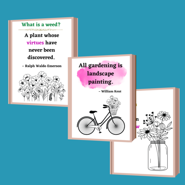 Gardening quotes wall art mock ups with farmhouse flower designes on the quote pages