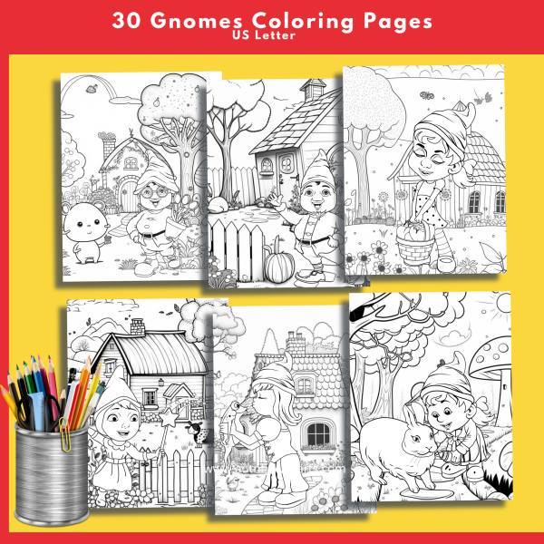 Gnome Coloring, Coloring Page Bundle, Gnome Coloring Pages for Kids, 30 Pages, Kids Coloring Pages, US Letter, Gnome Fairy Houses, Fantasy - Image 6