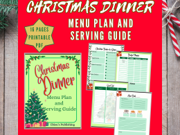 This image shows the cover and four pages of the printable PDF Christmas Dinner Menu Plan and Serving Guide, designed to make hosting Christmas dinner less stressful and a much smoother experience. The product contains 16 pages including a menu, checklist, budget, turkey sizes and servings, turkey cooking times, other food serving sizes, and recipe pages to record classic, vegan, and keto Christmas recipes for main dishes, sides, and desserts.