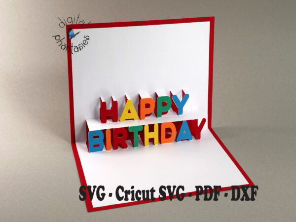 A greeting card with a red base, with a white insert that has the words Happy Birthday that pop up. Birthday is on the bottom and Happy is centered above it. Individual letters spelling Happy Birthday are glued to the white insert of the card.