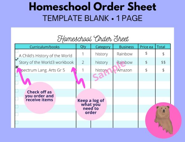Sample of homeschool order sheet