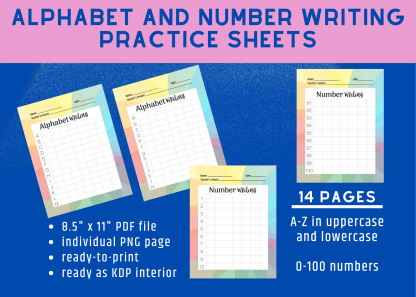 Alphabet and Number Writing Practice Sheets Printables