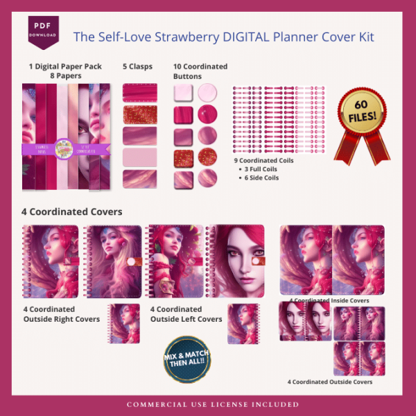 IF - Self-Love Strawberry - Digital Planner Cover Kit Bundle - Etsy Listing - CUR_D_PPR_20221228_00034